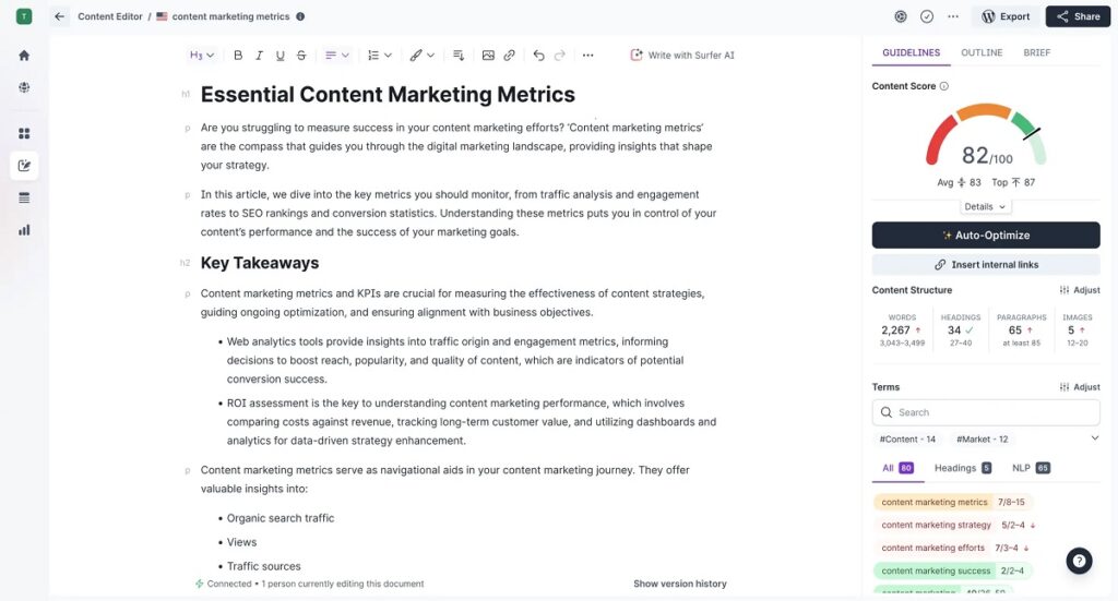 Surfer SEO Content Editor interface showing keyword suggestions and optimization score