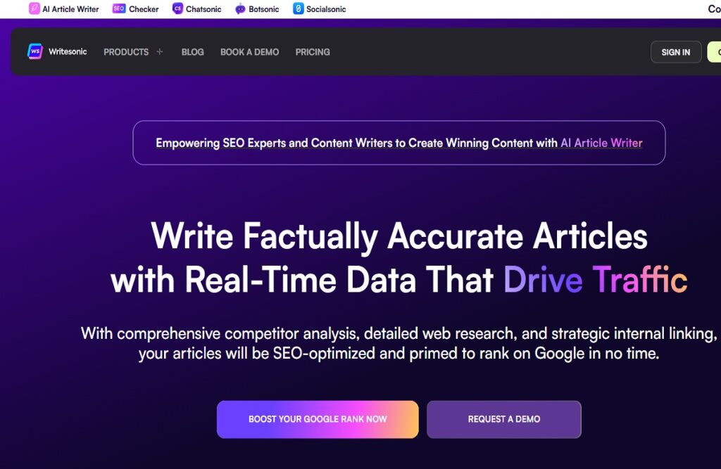 Writesonic’s AI Article Writer interface for creating SEO content