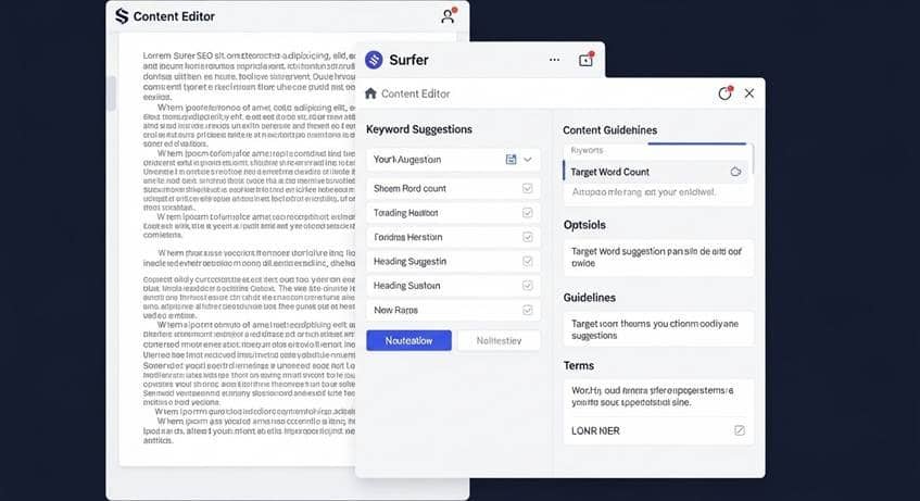 SEO for solopreneurs - A screenshot of Surfer SEO's content editor with keyword suggestions and a content score on the side.