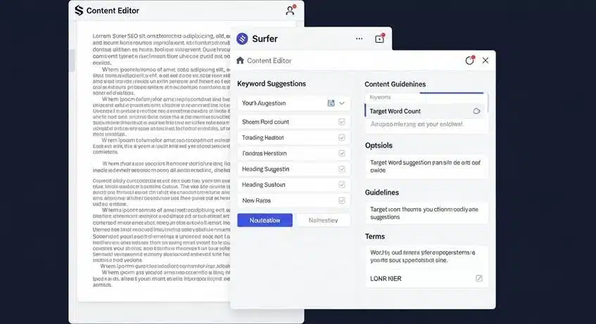 SEO for solopreneurs - A screenshot of Surfer SEO's content editor with keyword suggestions and a content score on the side.