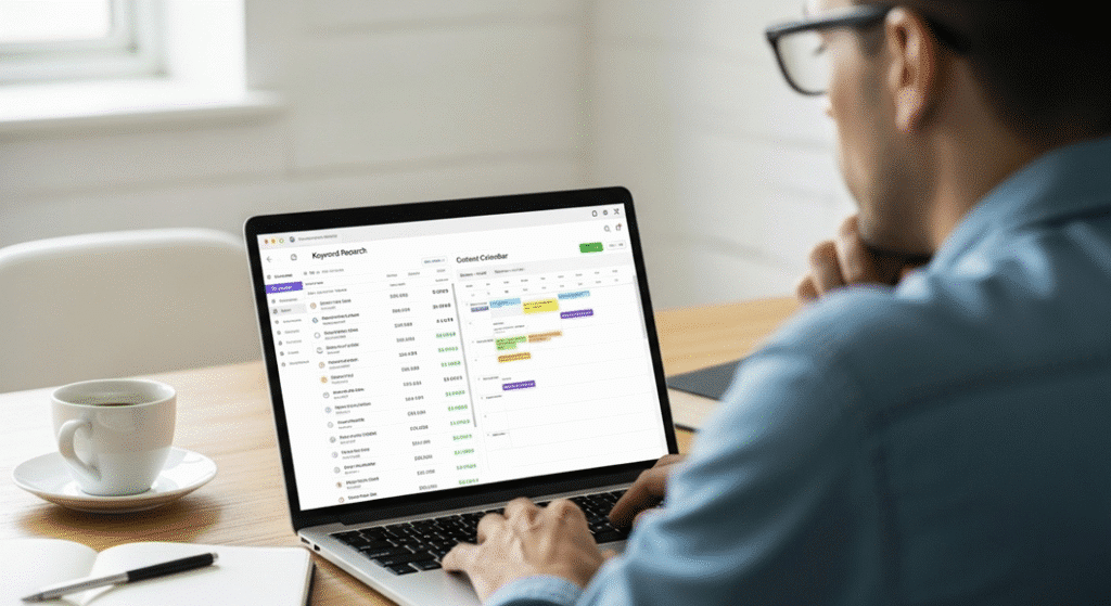 SEO for solopreneurs - A solopreneur thoughtfully looking at a laptop screen displaying keyword research results next to a content calendar.