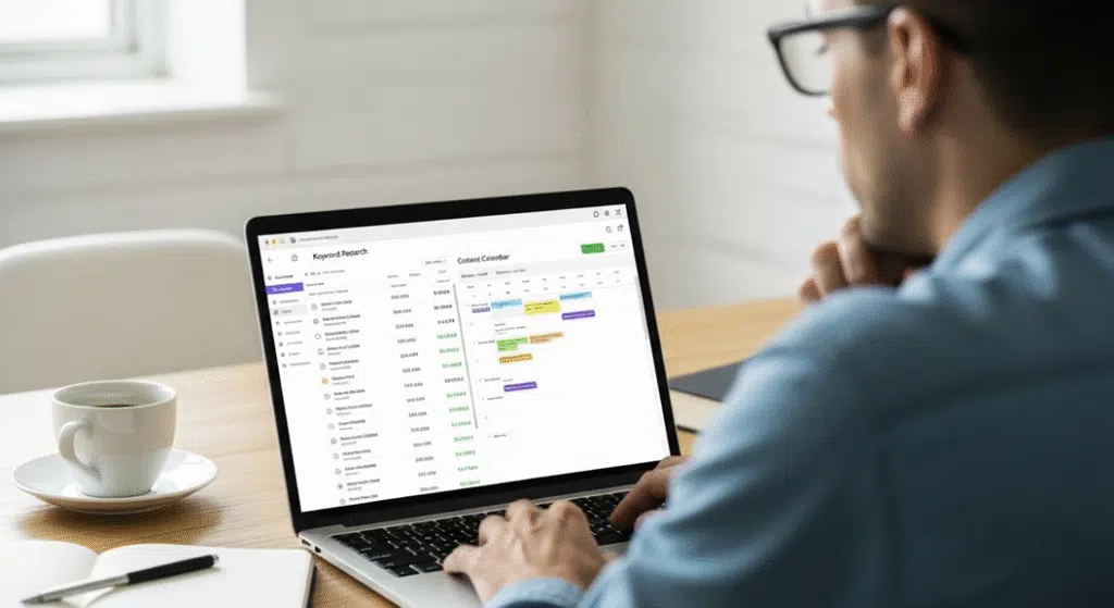SEO for solopreneurs - A solopreneur thoughtfully looking at a laptop screen displaying keyword research results next to a content calendar.