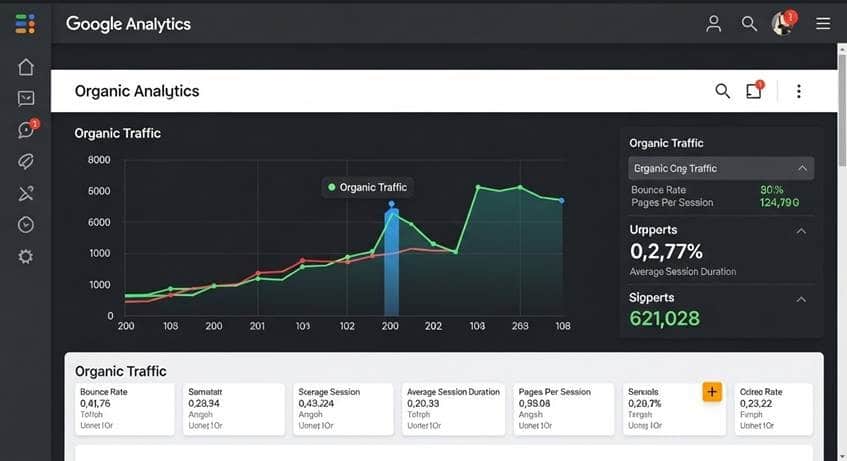 SEO for solopreneurs - A screenshot of a Google Analytics dashboard showing organic traffic trends and user engagement metrics.