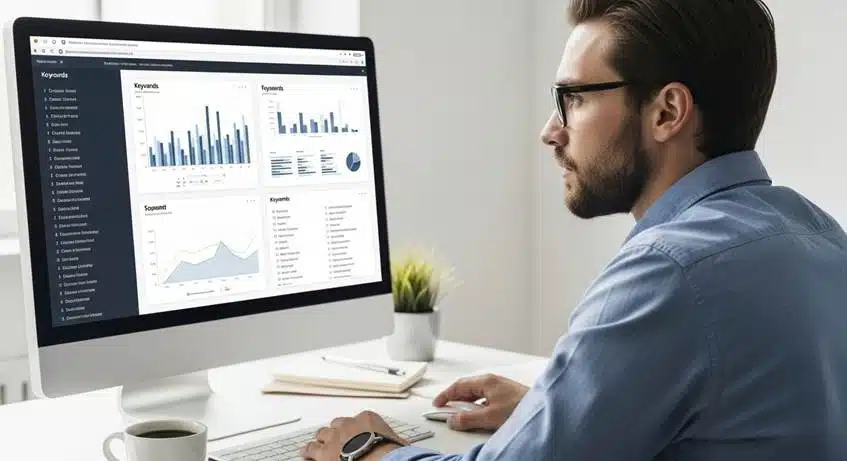 SEO for solopreneurs - A solopreneur at a desk, looking intently at a computer screen showing keyword data, with a cup of coffee nearby